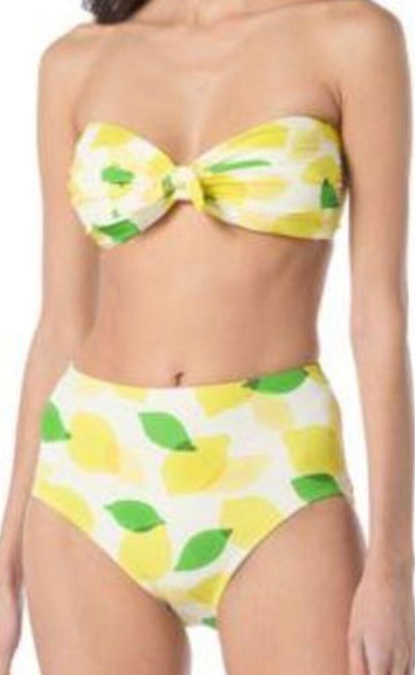 Kate Spade White Lemon Bandeau Bikini Top and High Waist Bottom Set M NWT